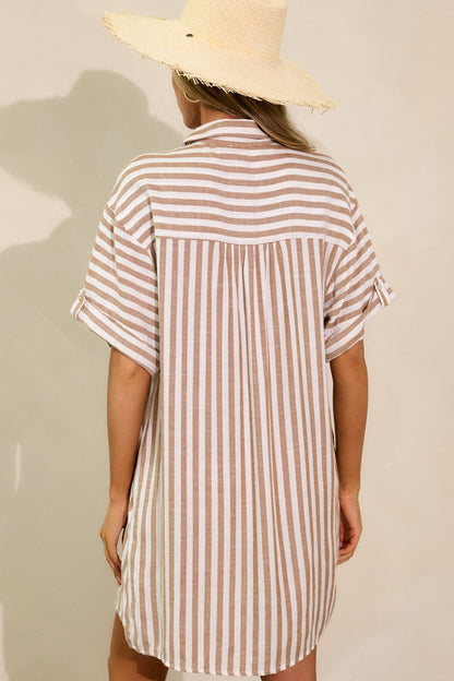 Chasing Joy Taupe Stripe Button Front Mini Dress