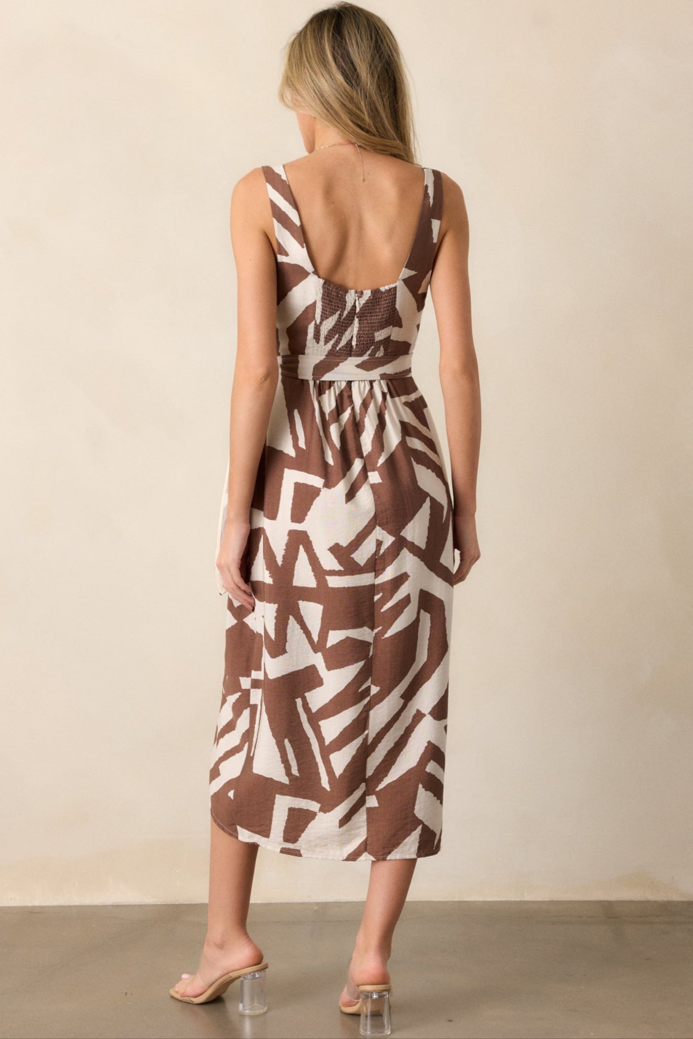 Anything But Ordinary Brown Geometric Print Wrap Midi Dress
