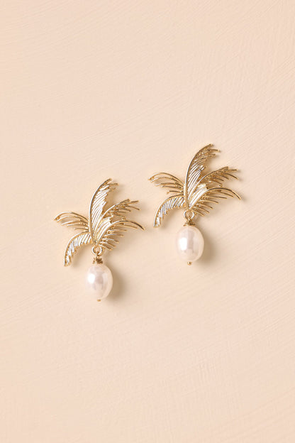 Laid Back Living Gold Ivory Pearl Palm Drop Earrings