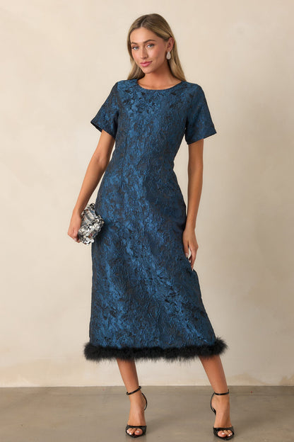 Glamour in Motion Dark Teal Jacquard Midi Dress