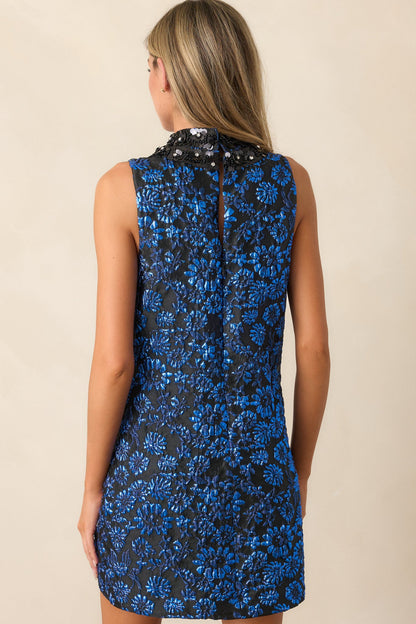 Glistening Skies Midnight Blue Floral Jacquard Mini Dress