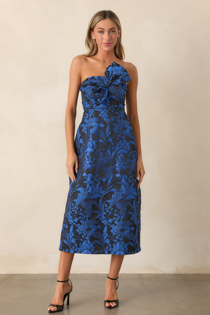 You're Electric Midnight Blue Jacquard Strapless Midi Dress