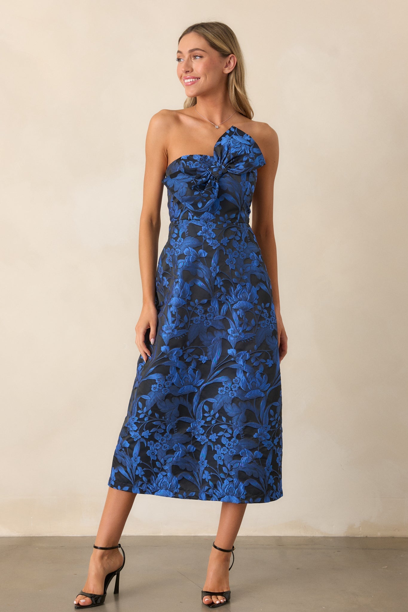 You're Electric Midnight Blue Jacquard Strapless Midi Dress
