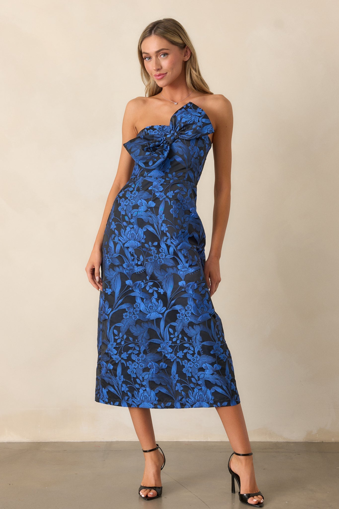 You're Electric Midnight Blue Jacquard Strapless Midi Dress
