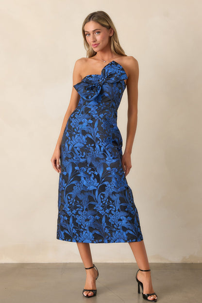 You're Electric Midnight Blue Jacquard Strapless Midi Dress