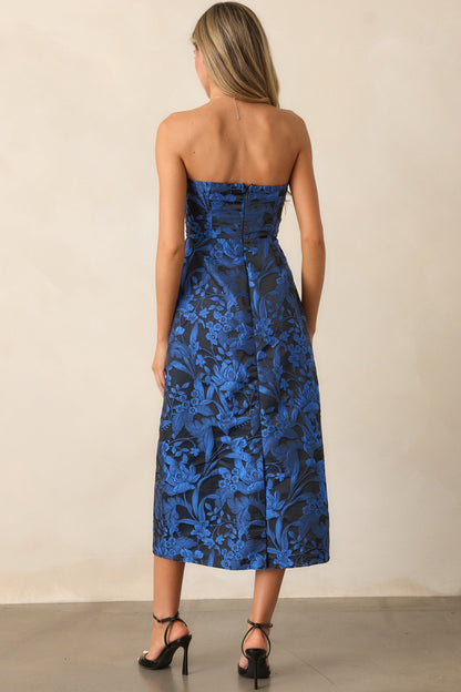 You're Electric Midnight Blue Jacquard Strapless Midi Dress