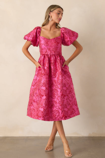 Blooming Hearts Pink Floral Jacquard Midi Dress