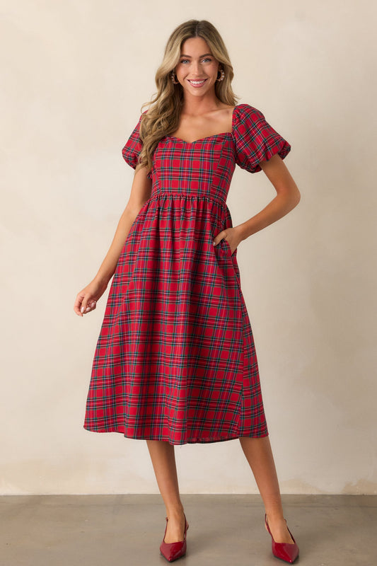Always You Cotton Red Plaid Puff Sleeve Midi Dress