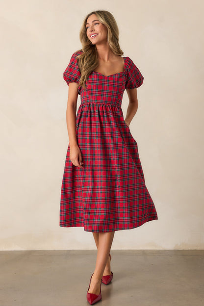Always You Cotton Red Plaid Puff Sleeve Midi Dress