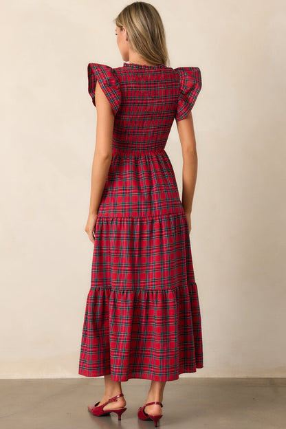 A Place To Be Cotton Red Plaid Midi Dress