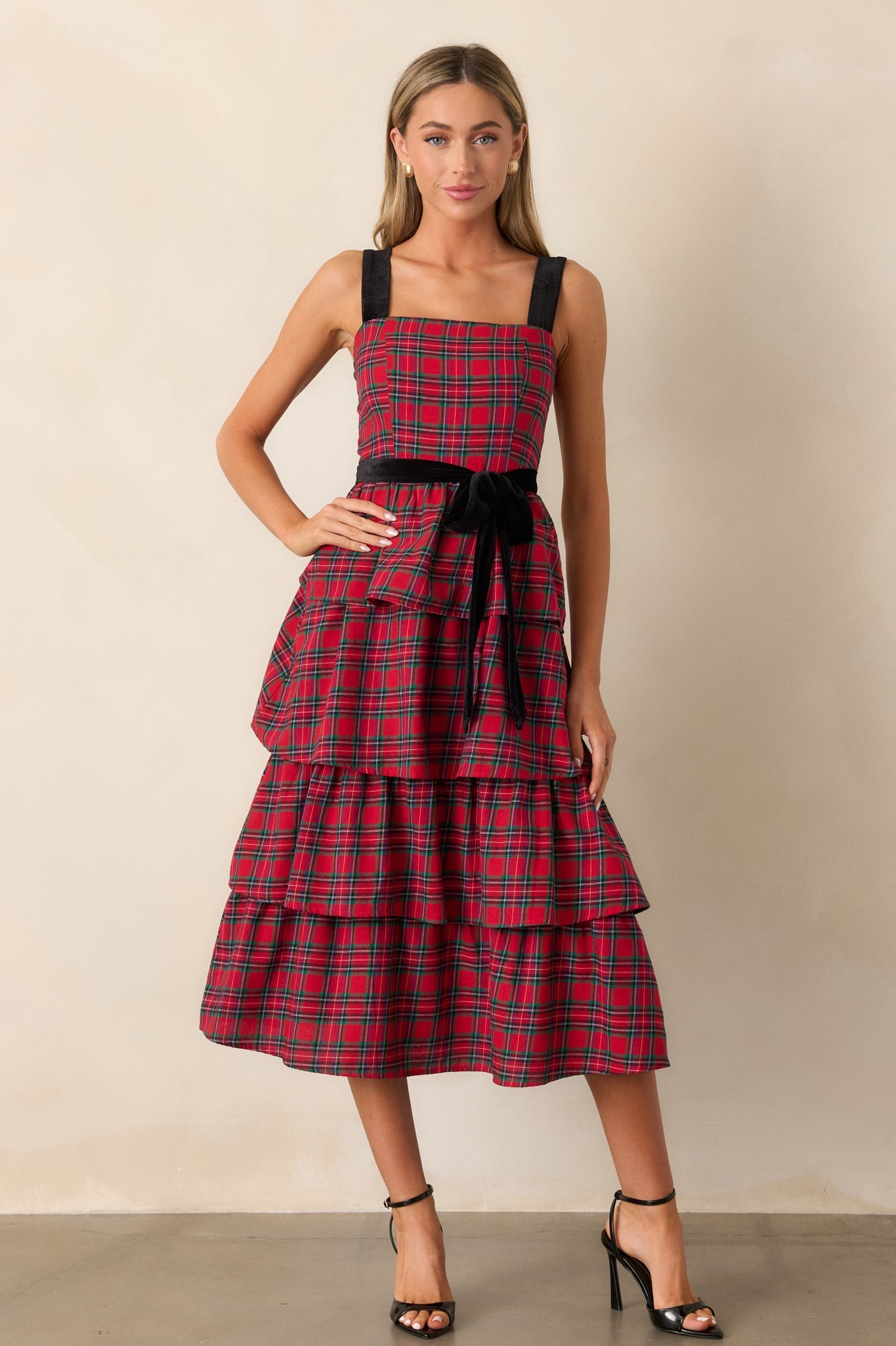 Elegance Defined Cotton Red Plaid Tiered Midi Dress