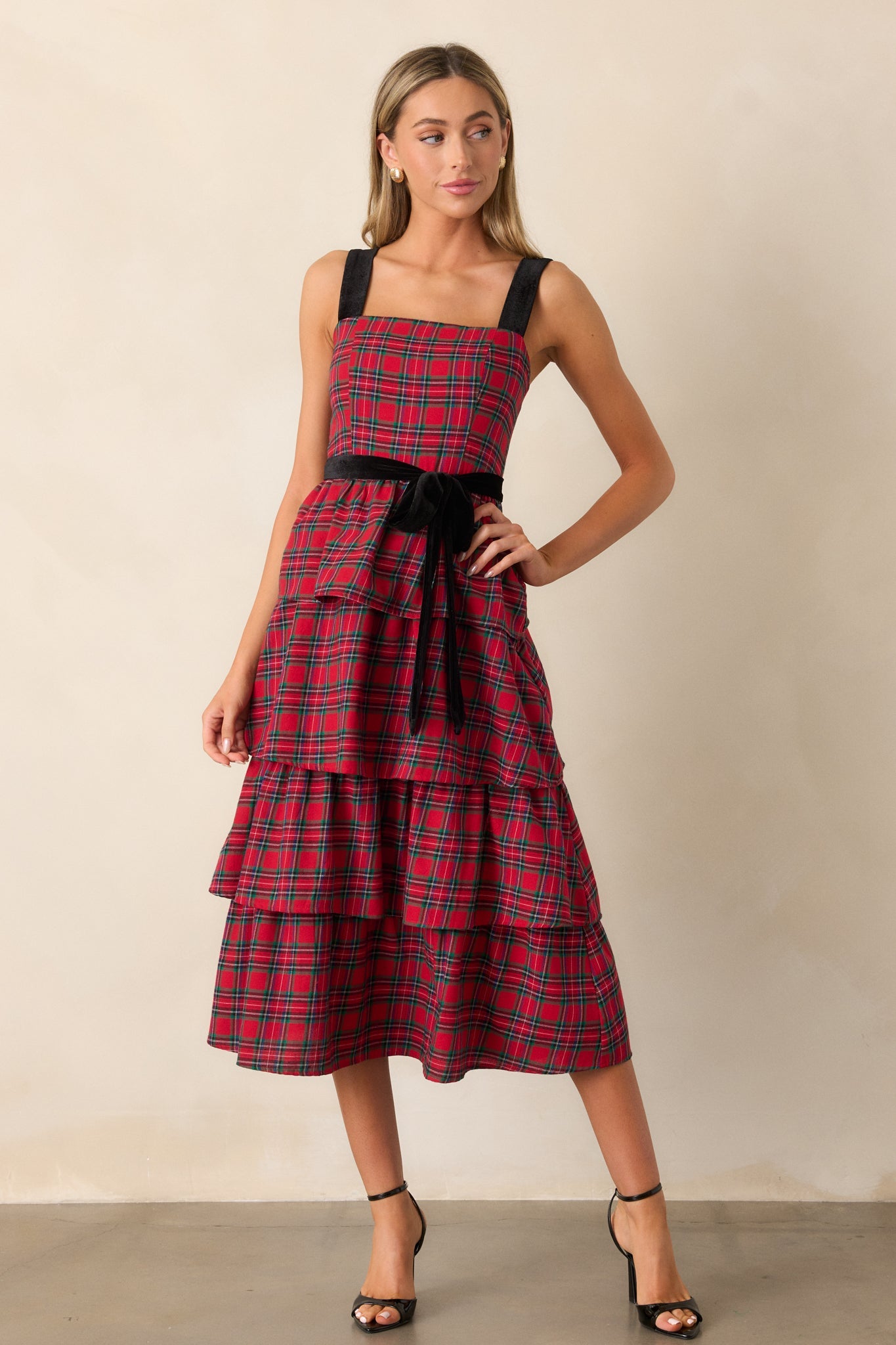 Elegance Defined Cotton Red Plaid Tiered Midi Dress