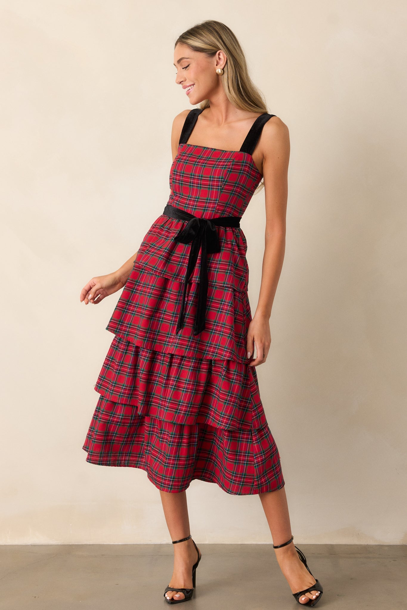 Elegance Defined Cotton Red Plaid Tiered Midi Dress