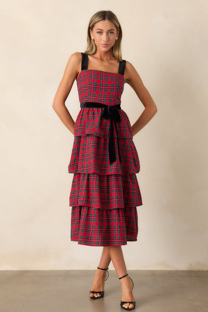 Elegance Defined Cotton Red Plaid Tiered Midi Dress