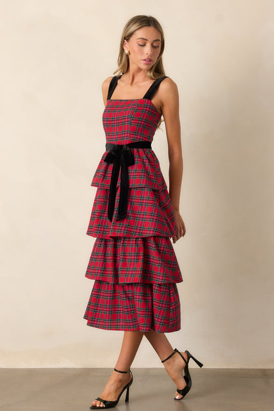 Elegance Defined Cotton Red Plaid Tiered Midi Dress