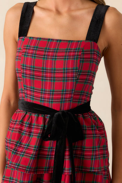 Elegance Defined Cotton Red Plaid Tiered Midi Dress