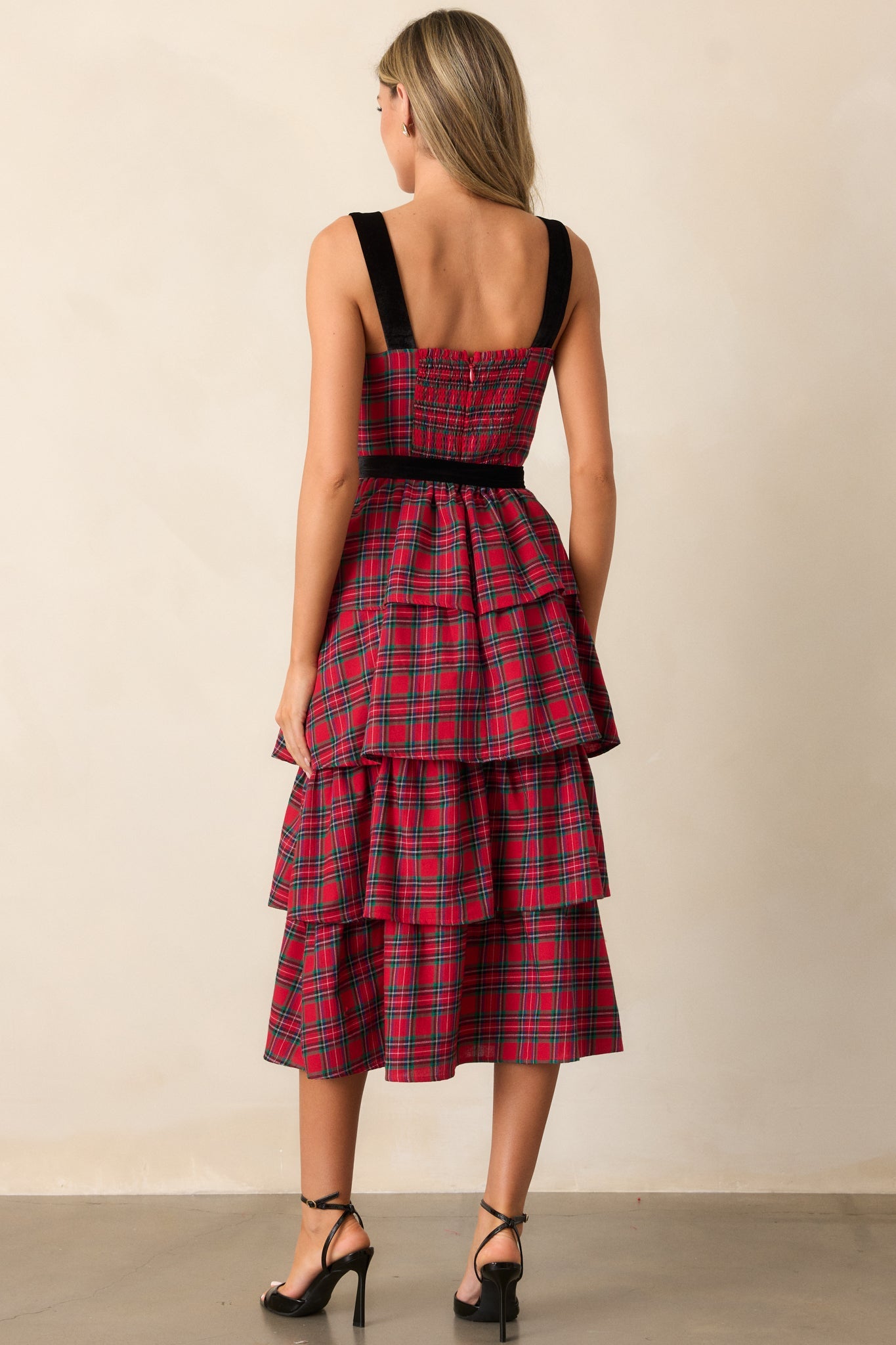 Elegance Defined Cotton Red Plaid Tiered Midi Dress