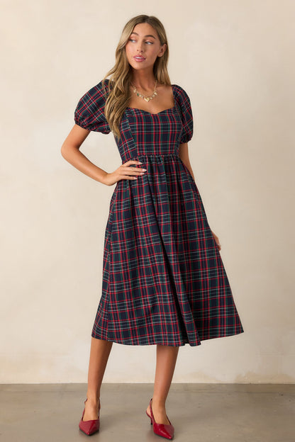 Always You Cotton Navy Plaid Puff Sleeve Midi Dress