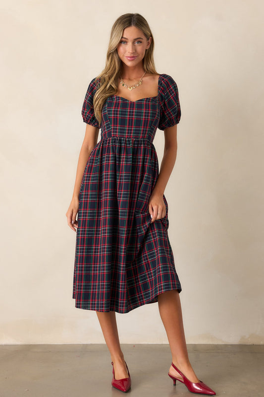 Always You Cotton Navy Plaid Puff Sleeve Midi Dress