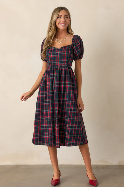 Always You Cotton Navy Plaid Puff Sleeve Midi Dress