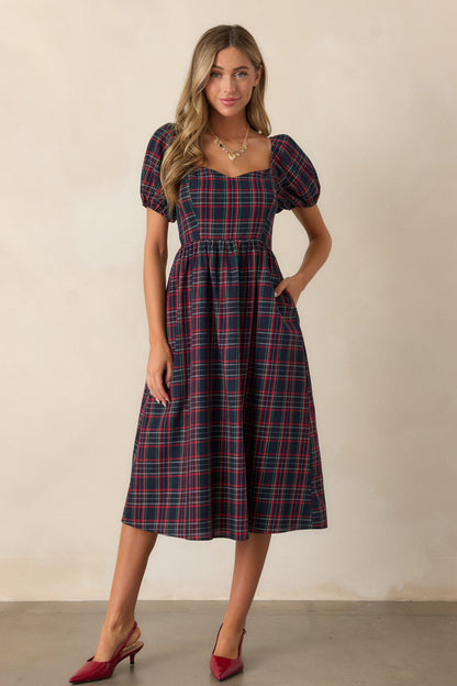 Always You Cotton Navy Plaid Puff Sleeve Midi Dress