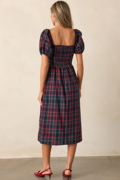 Always You Cotton Navy Plaid Puff Sleeve Midi Dress