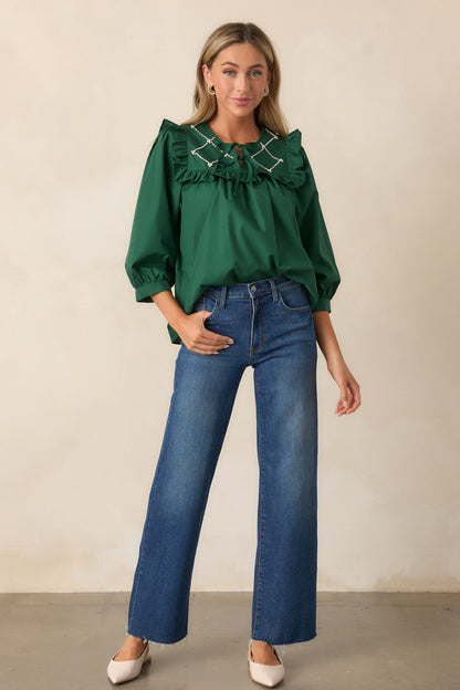 It Happens Hunter Green Ruffle Puff Sleeve Top