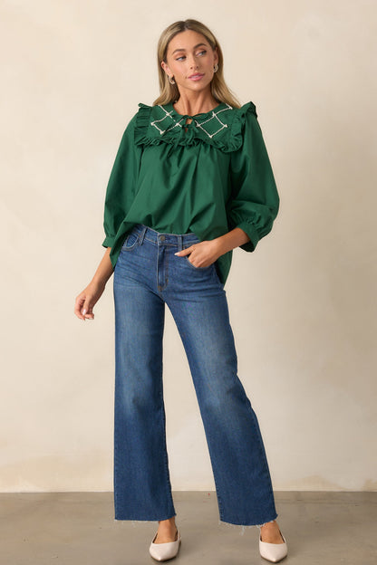 It Happens Hunter Green Ruffle Puff Sleeve Top