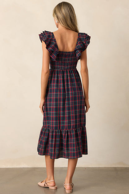 Always Good Cotton Navy Plaid Flutter Sleeve Midi Dress