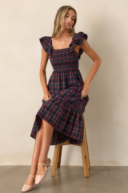 Always Good Cotton Navy Plaid Flutter Sleeve Midi Dress