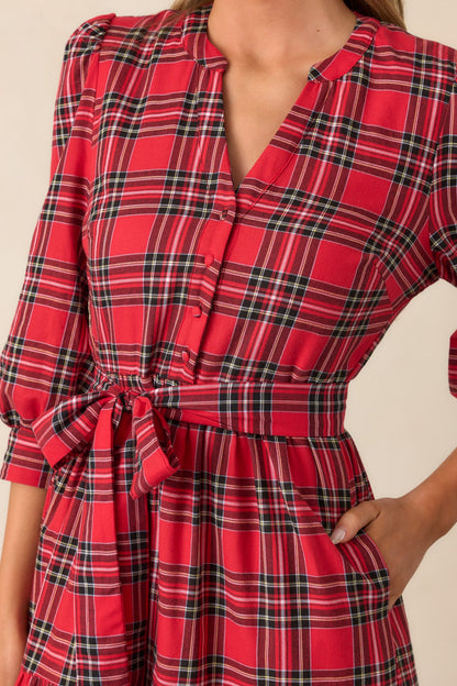 A Simple Glow Cotton Red Long Sleeve Midi Dress