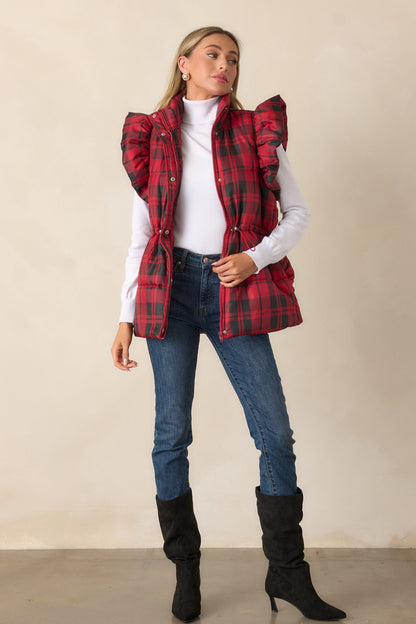 I Found You Red Plaid Flutter Sleeve Puffer Vest