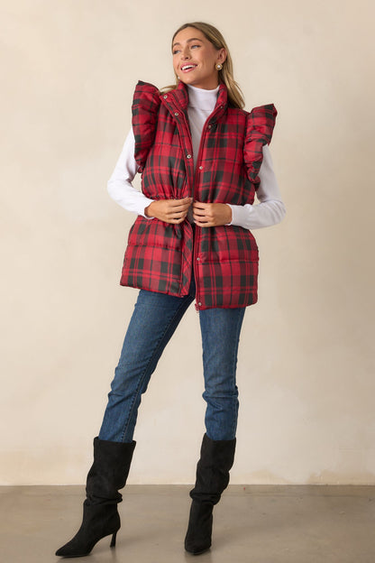 I Found You Red Plaid Flutter Sleeve Puffer Vest