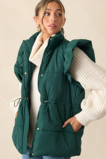 Cherry On Top Forest Green Flutter Sleeve Puffer Vest