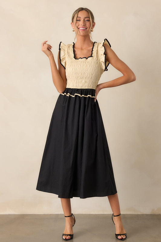 Endless Love Cotton Ivory & Black Smocked Midi Dress