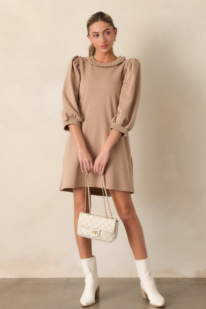 Cocoa Haze Cotton Tan Long Sleeve Mini Dress