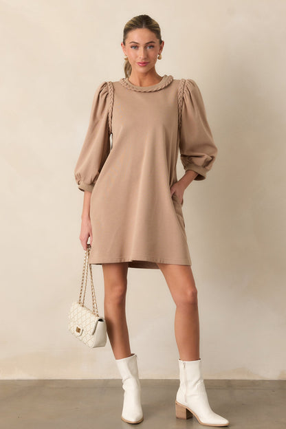 Cocoa Haze Cotton Tan Long Sleeve Mini Dress