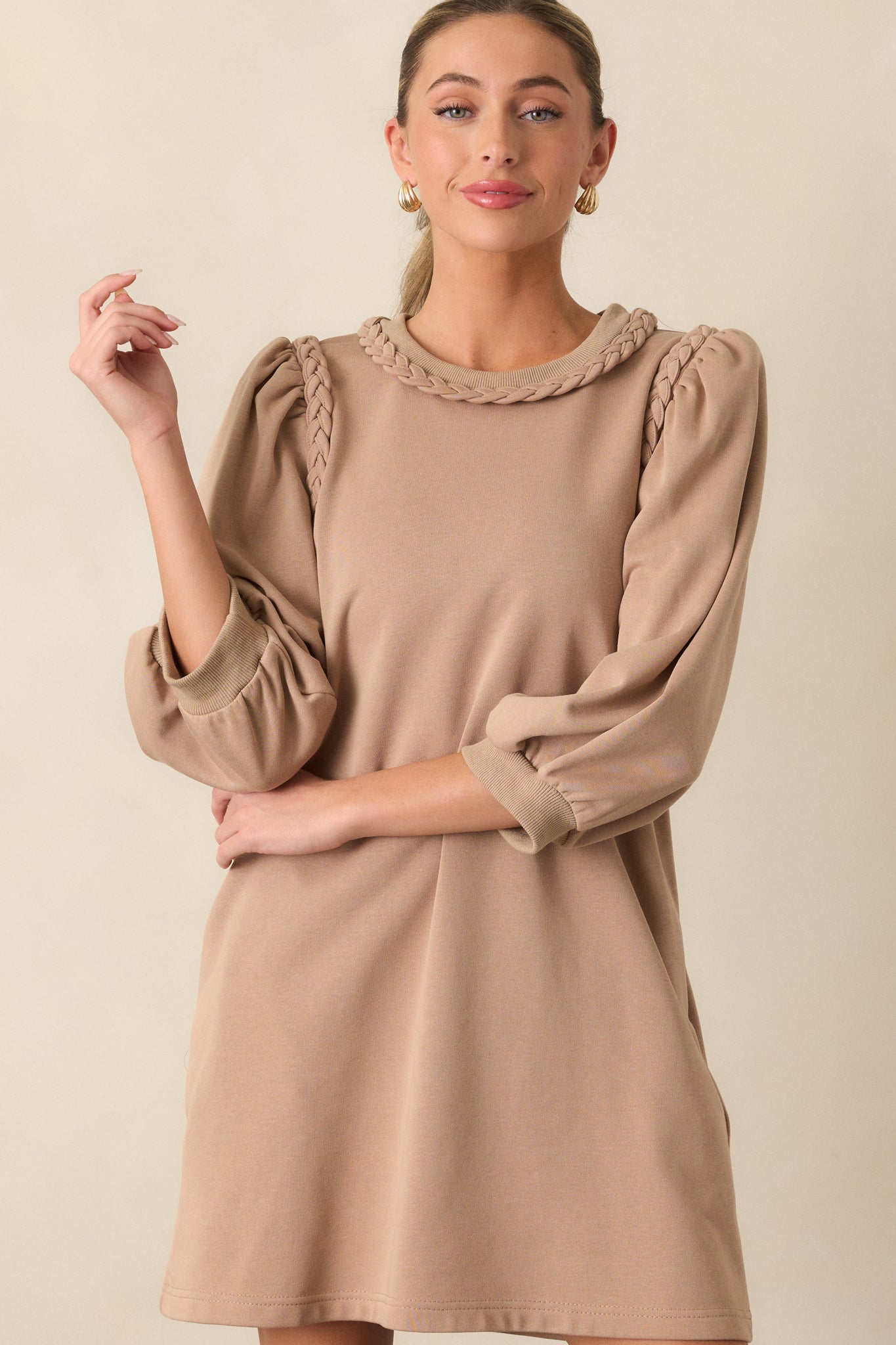 Cocoa Haze Cotton Tan Long Sleeve Mini Dress