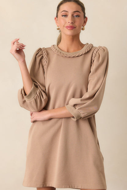 Cocoa Haze Cotton Tan Long Sleeve Mini Dress