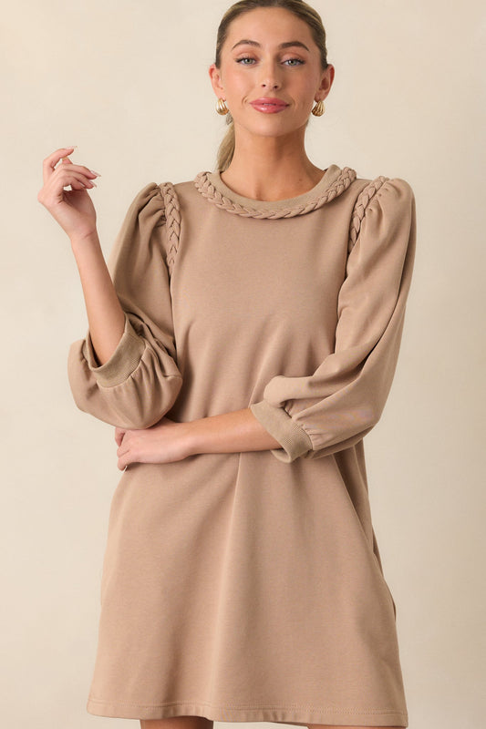 Cocoa Haze Cotton Tan Long Sleeve Mini Dress