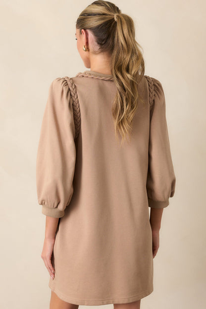 Cocoa Haze Cotton Tan Long Sleeve Mini Dress