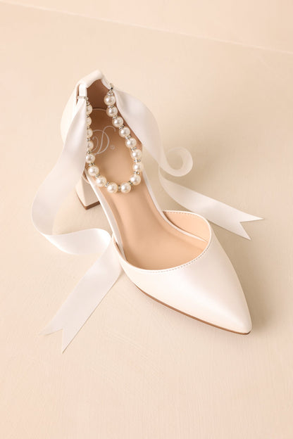 Just Felt Right Ivory Satin Pearl Ankle Strap Block Heels