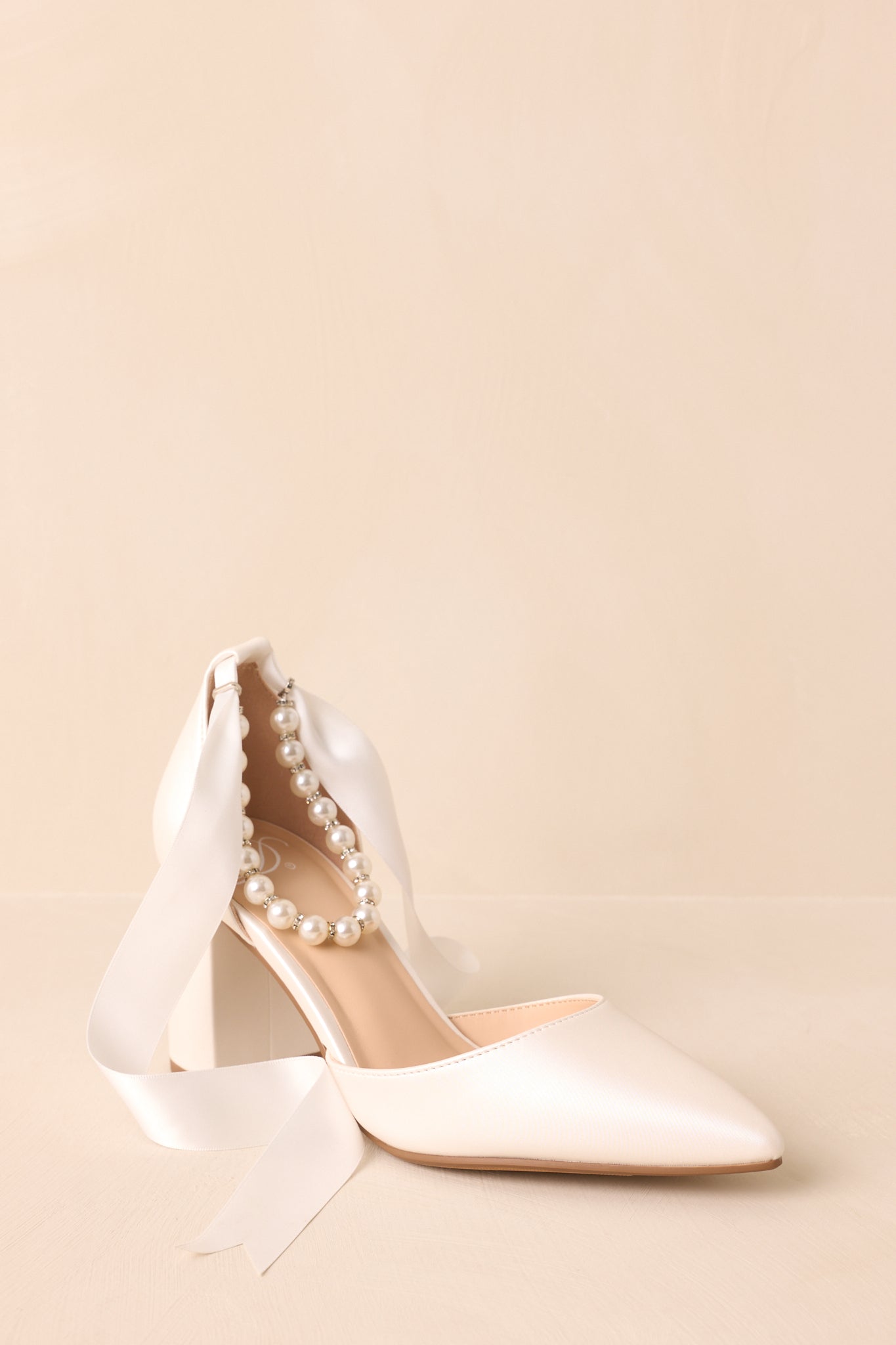 Just Felt Right Ivory Satin Pearl Ankle Strap Block Heels