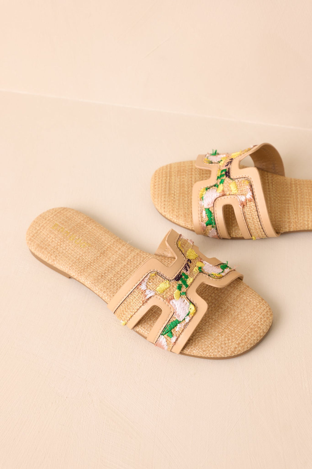 Let's Get Lost Natural Raffia Floral Embroidered Flat Sandals