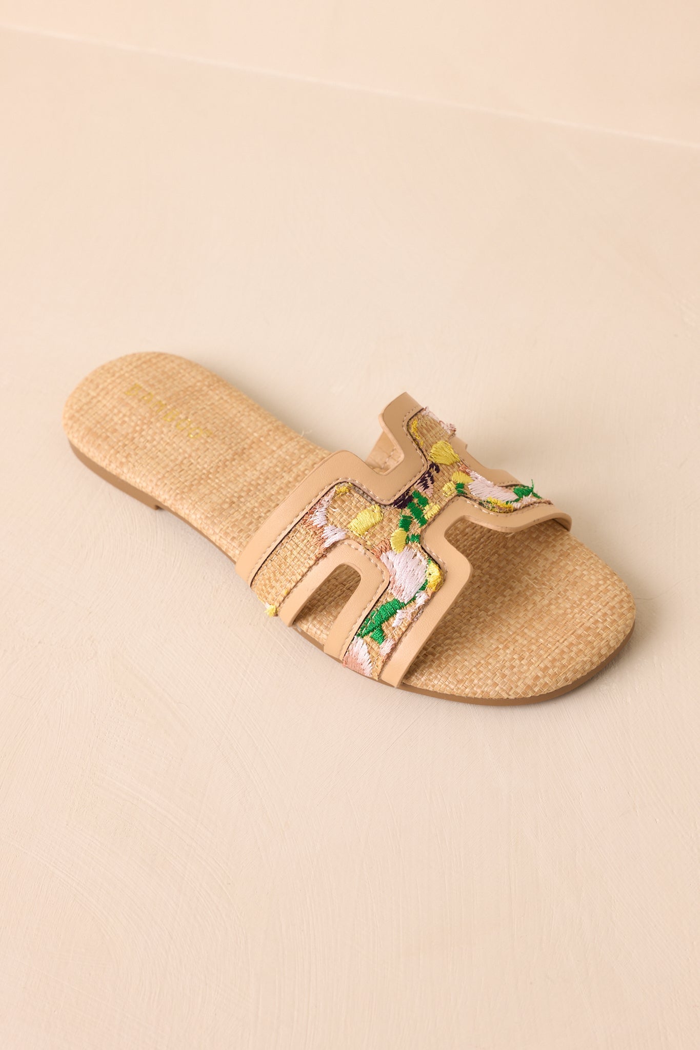 Let's Get Lost Natural Raffia Floral Embroidered Flat Sandals