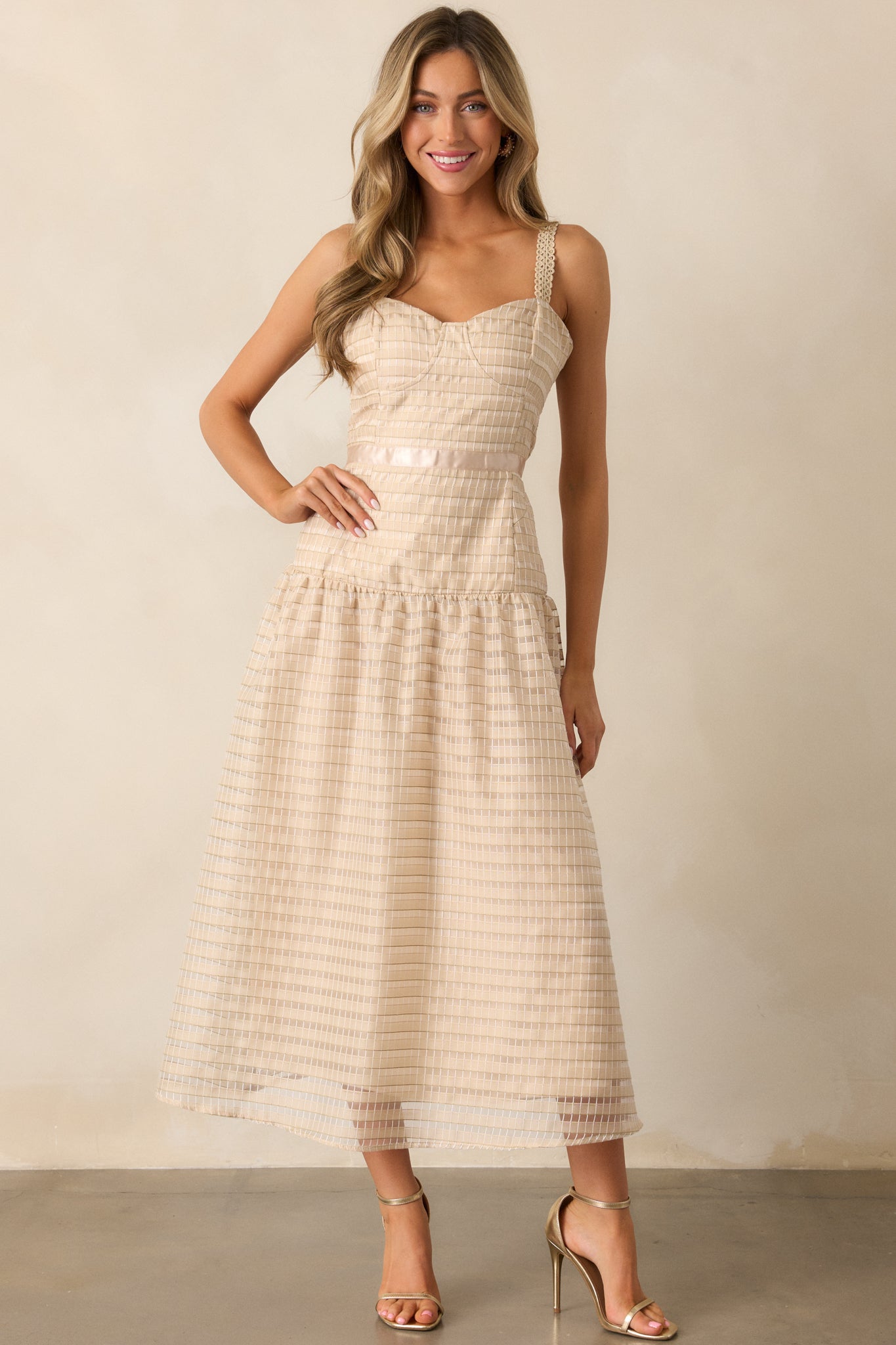 Know Better Tan Embroidered Drop Waist Maxi Dress