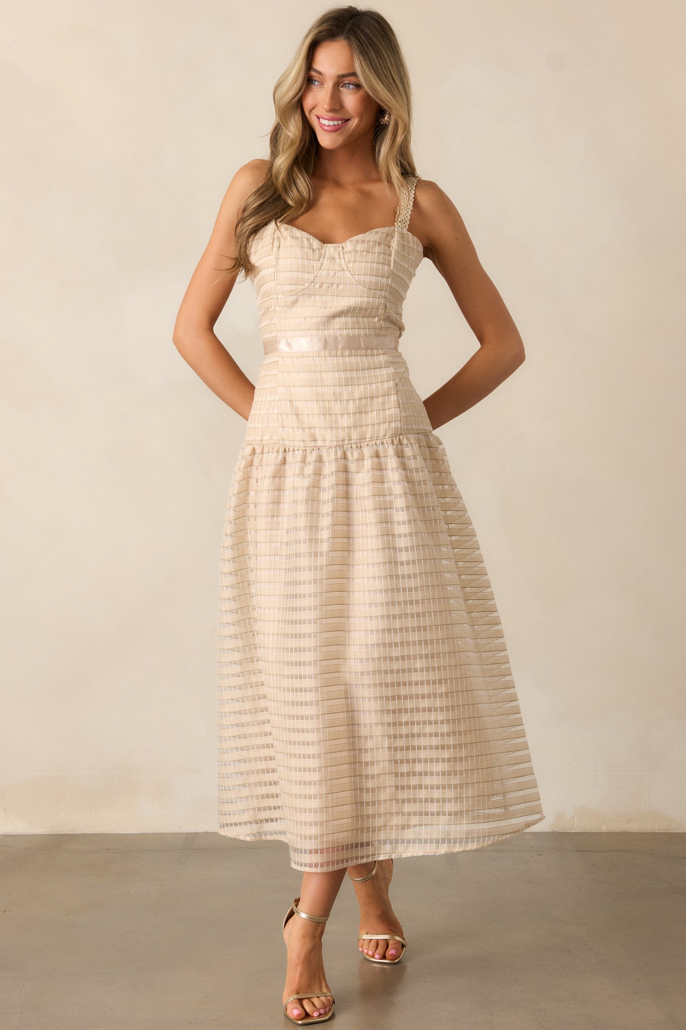 Know Better Tan Embroidered Drop Waist Maxi Dress