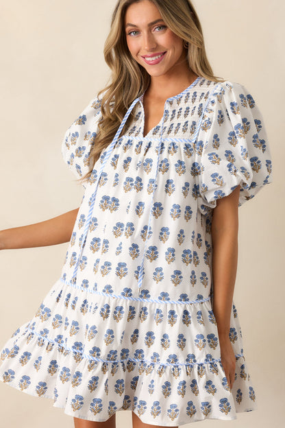 Dinner Party Cotton Ivory Floral Puff Sleeve Mini Dress