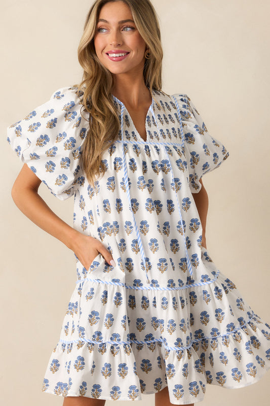 Dinner Party Cotton Ivory Floral Puff Sleeve Mini Dress