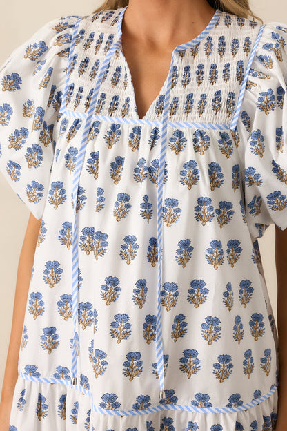 Dinner Party Cotton Ivory Floral Puff Sleeve Mini Dress